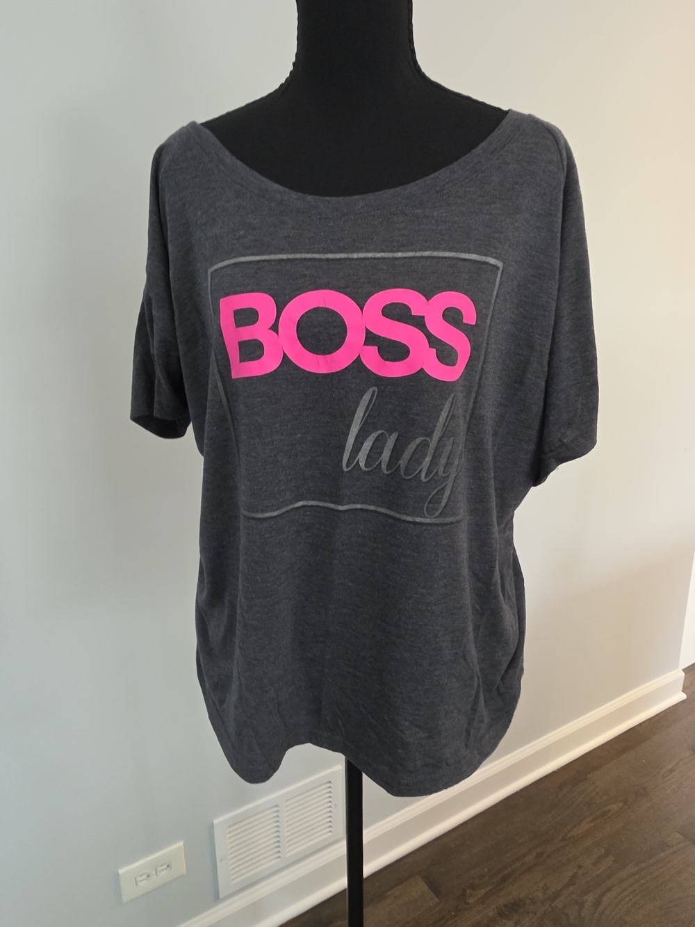 Ideology Charcoal Short Sleeve Tee with Hot Pink BOSS Graphic